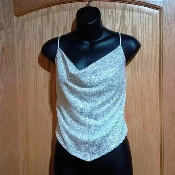 Daisy draped collar sequin cami crop top silver white sexy party Q19 - Picture 1 of 5